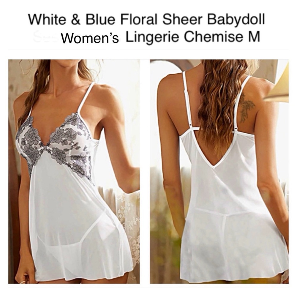 Blue and White Babydoll Chemise Floral Embroidery Mesh Lingerie Size Medium